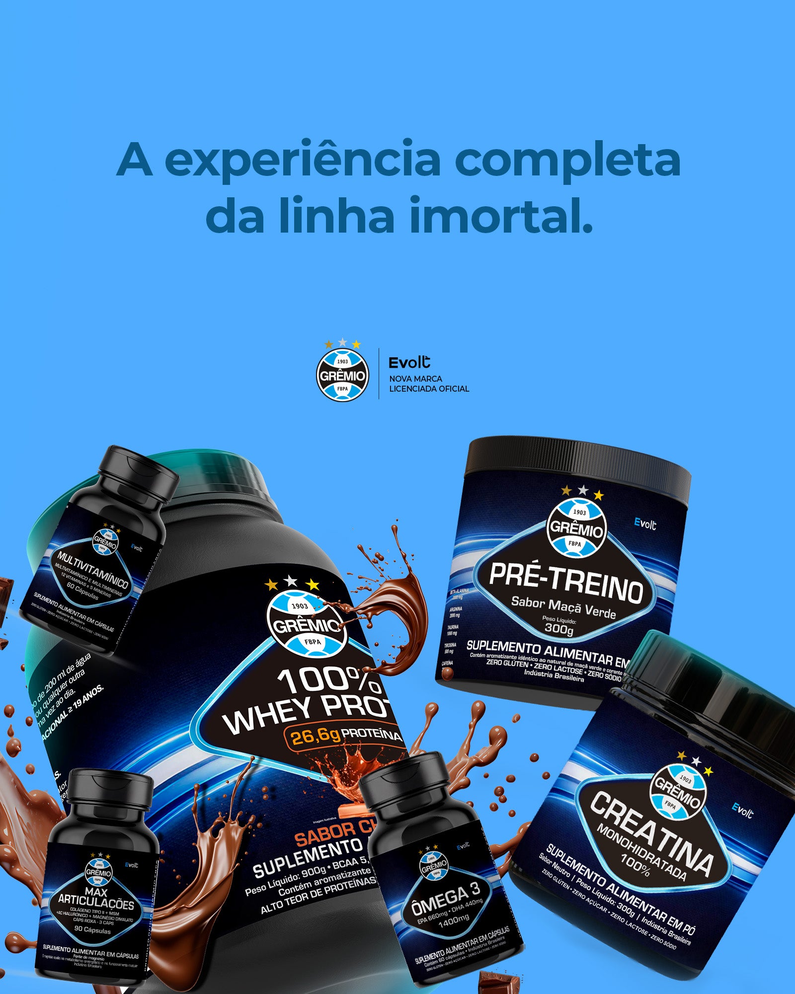 Kit Lendário — Whey Protein + Creatina + Pré-Treino + Multivitamínico + Ômega 3 + Articulações