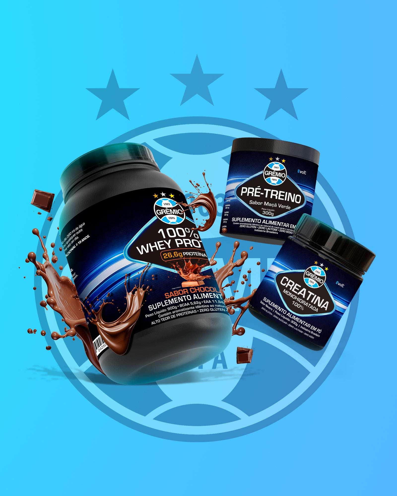 Kit Raça Tricolor — Whey 900g + Creatina 300g + Pré-Treino 300g