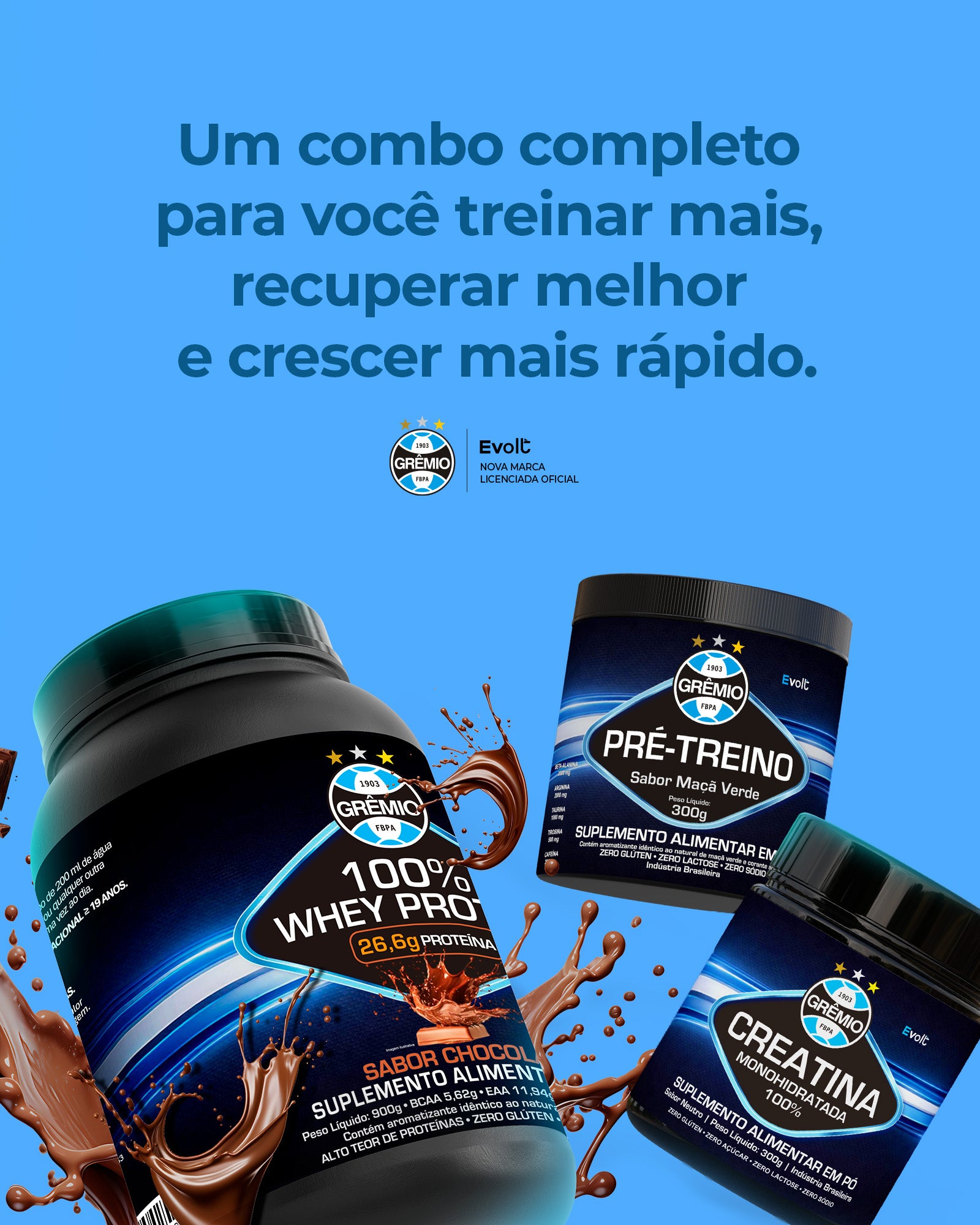 Kit Raça Tricolor — Whey 900g + Creatina 300g + Pré-Treino 300g